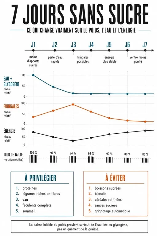 1 semaine sans sucre perte de poids : infographie des effets sur 7 jours, eau, glycogène et graisse