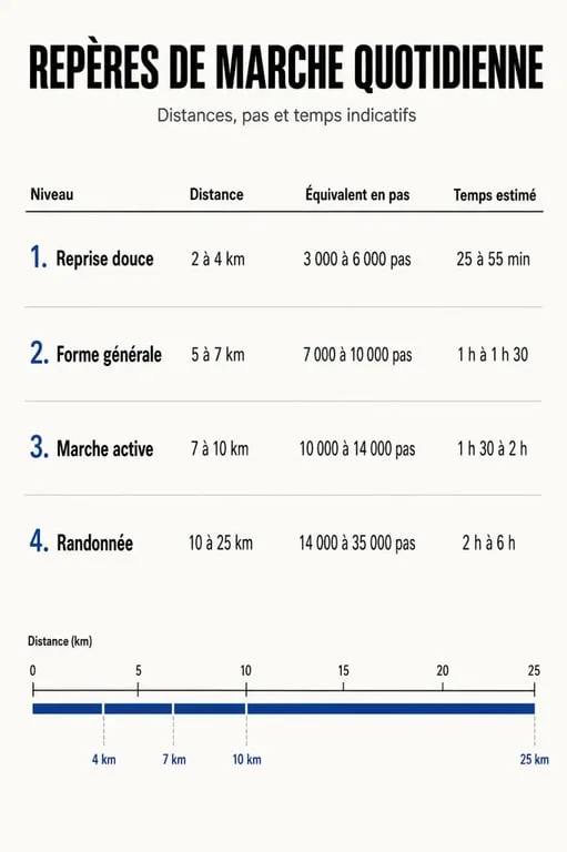 Combien de km faut il marcher par jour : repères quotidiens en kilomètres, pas et temps