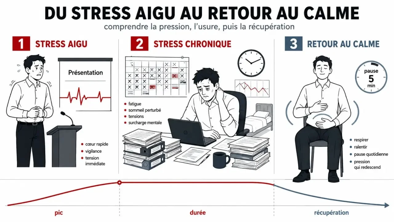Gestion stress : du stress aigu au stress chronique, puis retour au calme avec respiration et pauses quotidiennes